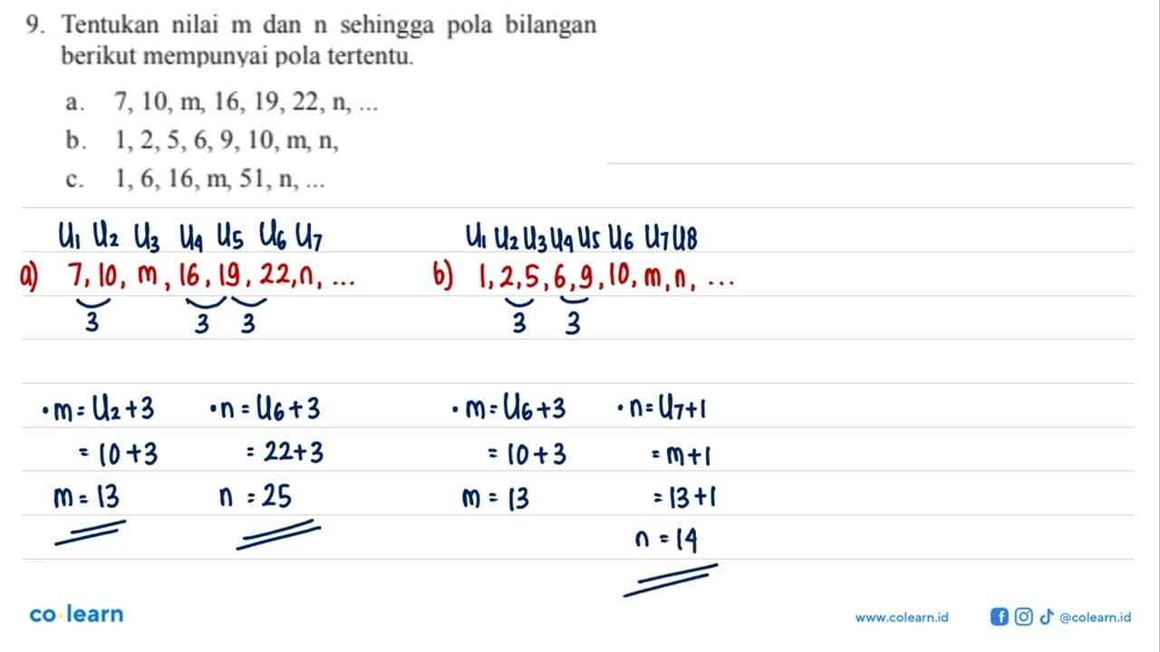 Tentukan nilai m dan n sehingga pola bilangan berikut