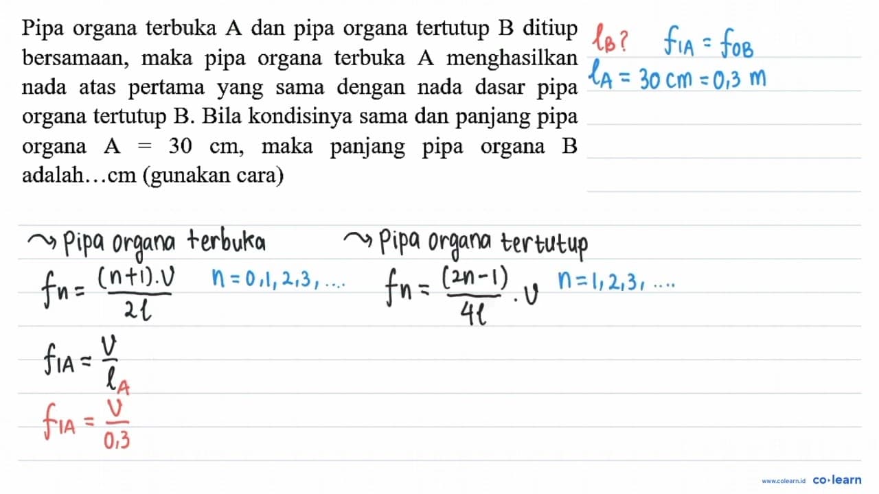 Pipa organa terbuka A dan pipa organa tertutup B ditiup