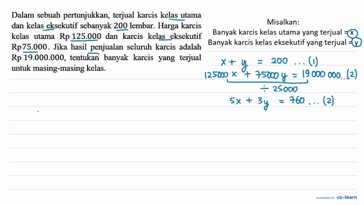 Dalam sebuah pertunjukan, terjual karcis kelas utama dan