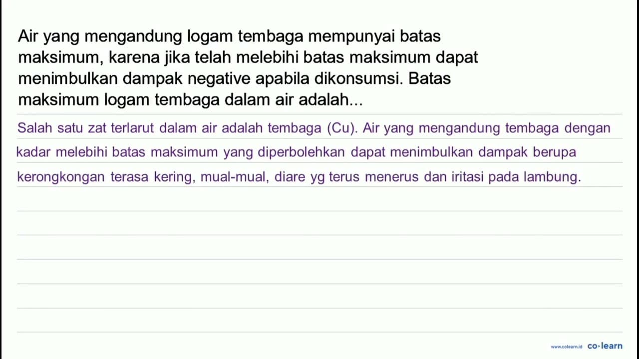 Air yang mengandung logam tembaga mempunyai batas maksimum,