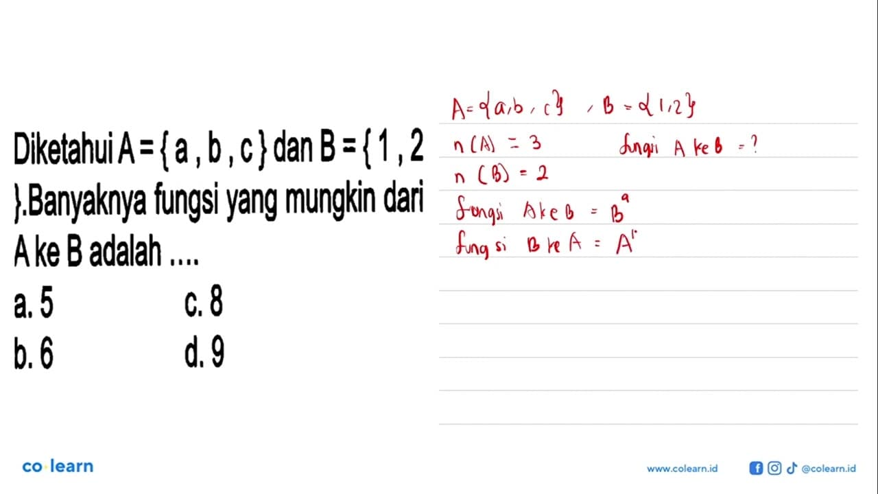 Diketahui A = (a, b, c} dan B = {1, 2}. Banyaknya fungsi