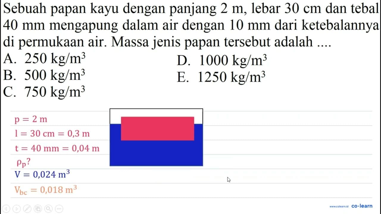 Sebuah papan kayu dengan panjang 2 m , lebar 30 cm dan