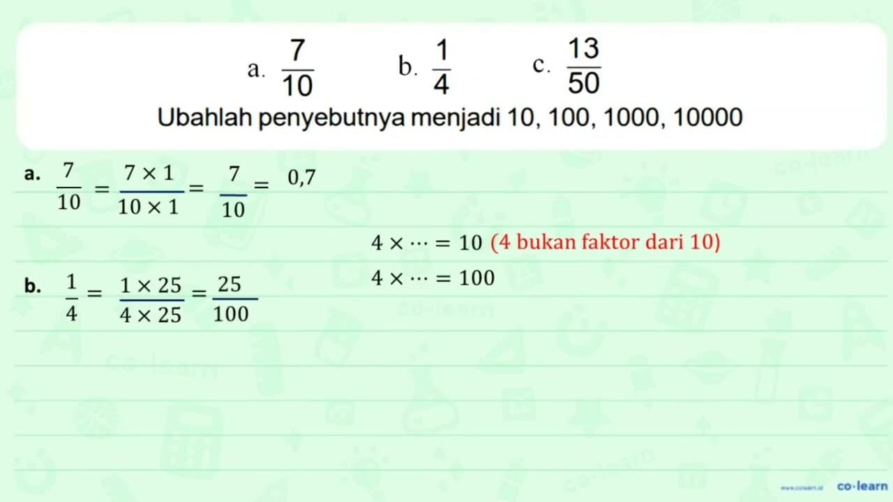 a. 7/10 b. 1/4 c. 13/50