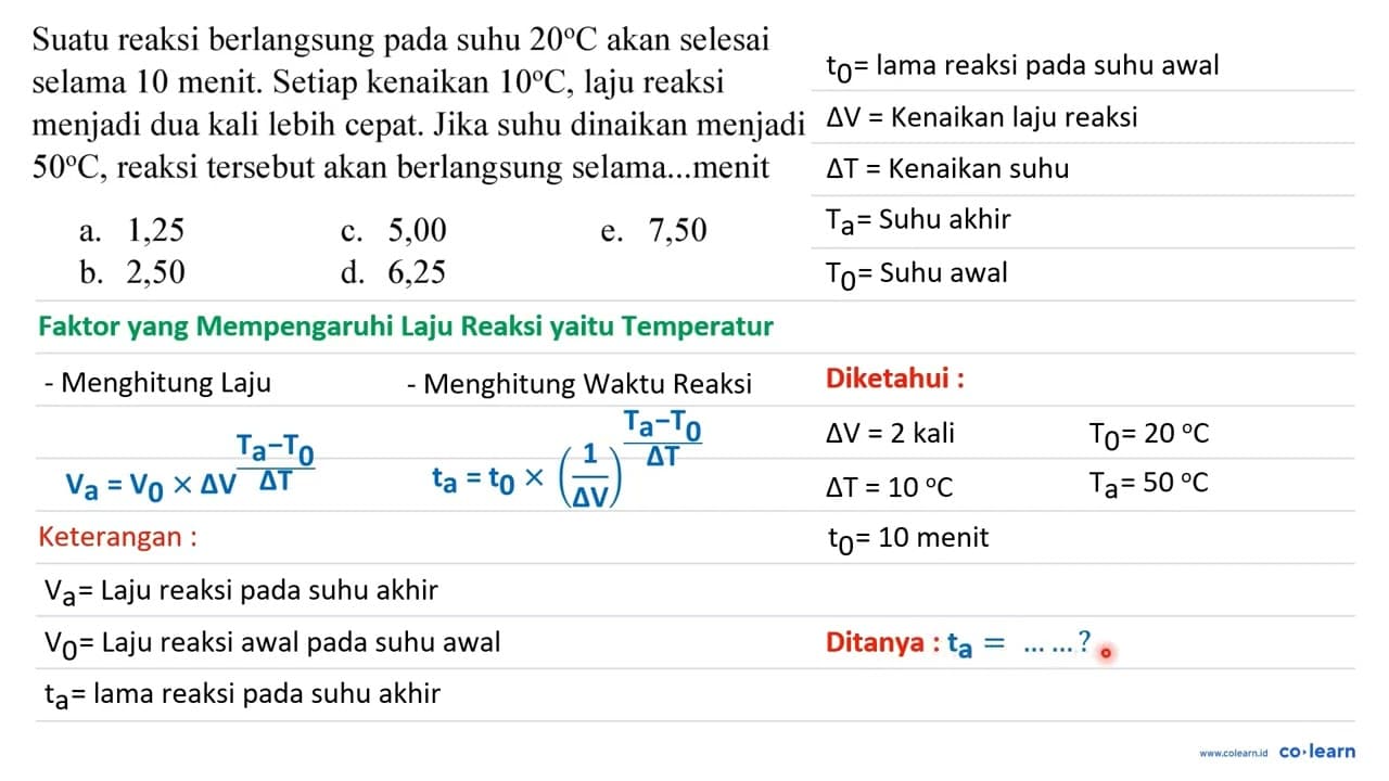 Suatu reaksi berlangsung pada suhu 20 C akan selesai selama