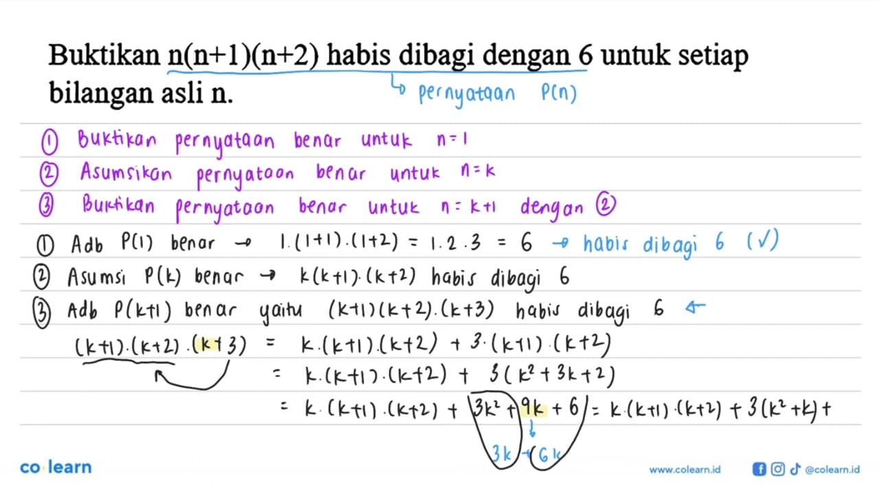 Buktikan n(n+1)(n+2) habis dibagi dengan 6 untuk setiap