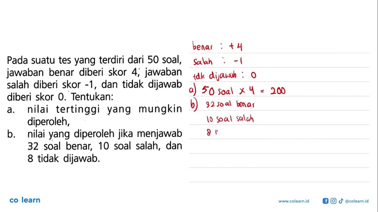 Pada suatu tes yang terdiri dari 50 soal, jawaban benar