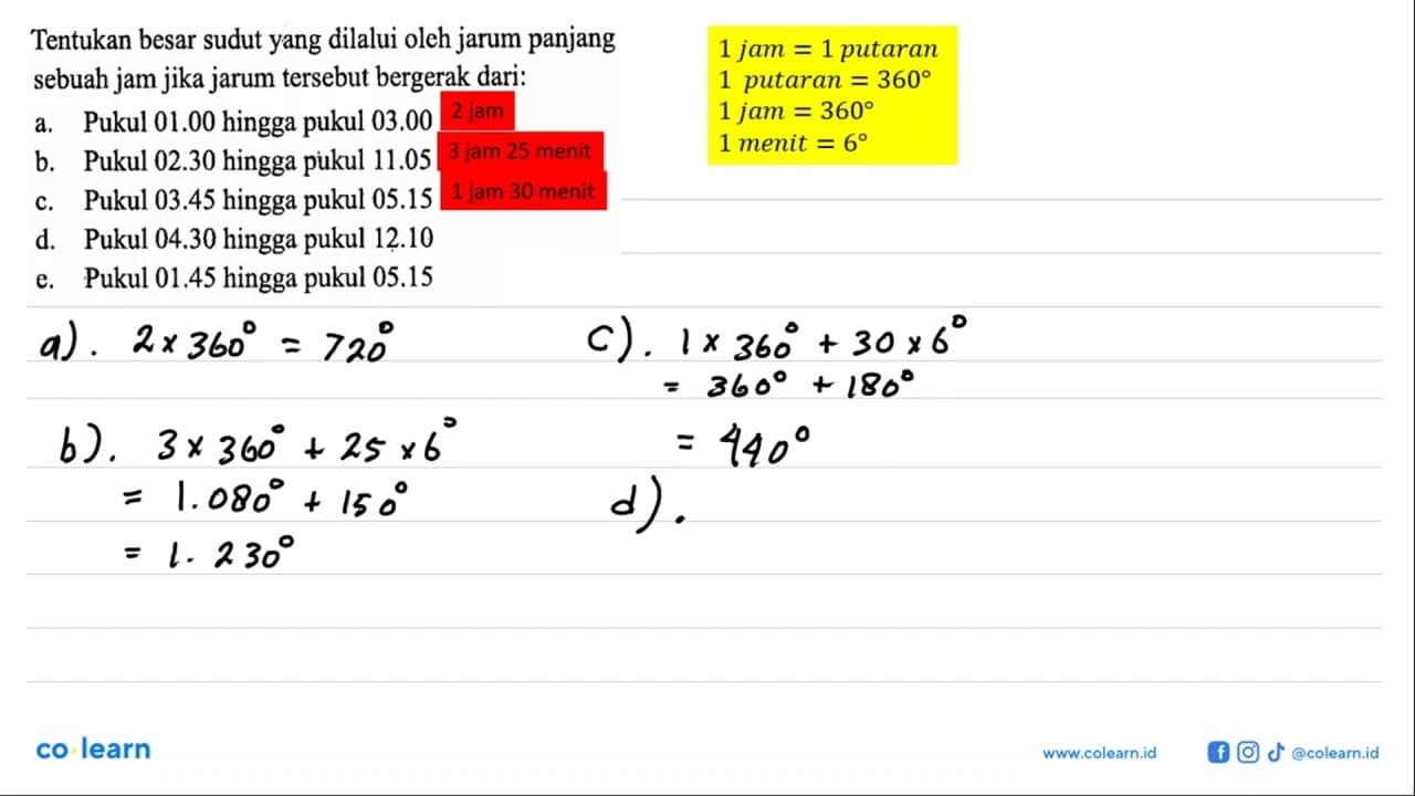 Tentukan besar sudut yang dilalui oleh jarum panjang sebuah