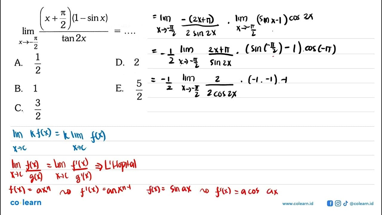 limit x->-pi/2 (x+pi/2)(1-sin x)/tan 2x=...