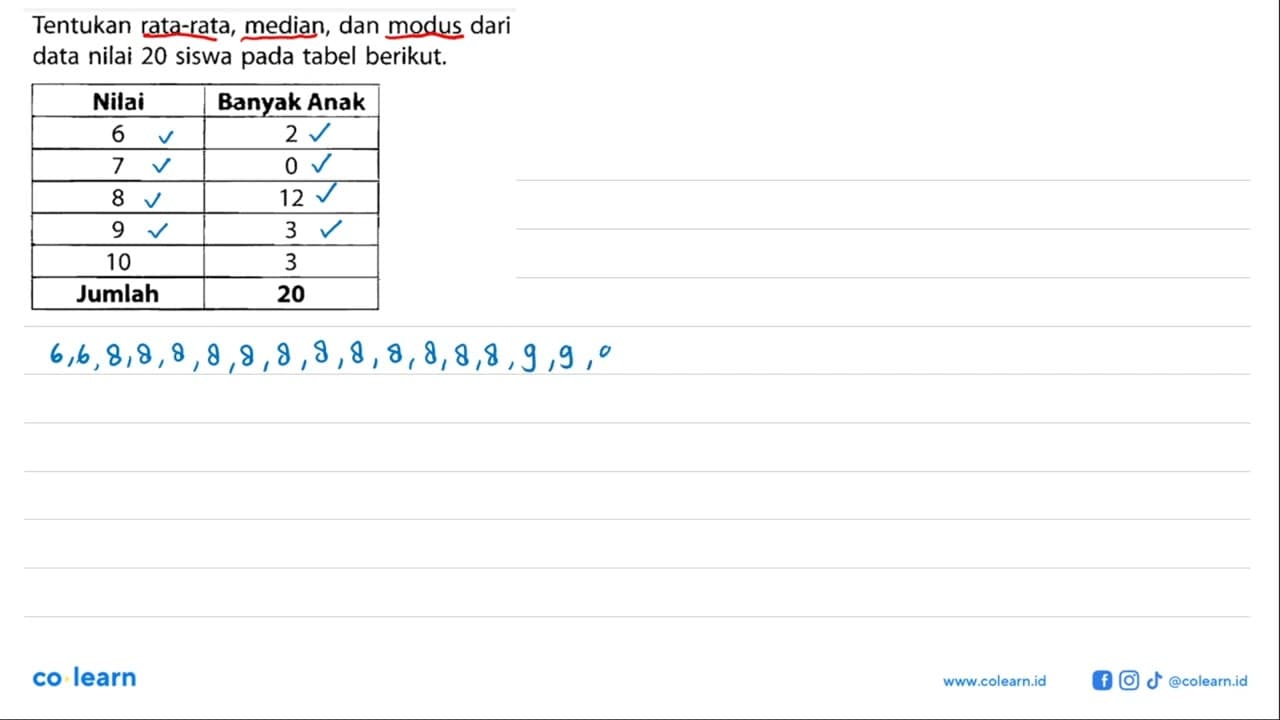 Tentukan rata-rata, median, dan modus dari data nilai 20