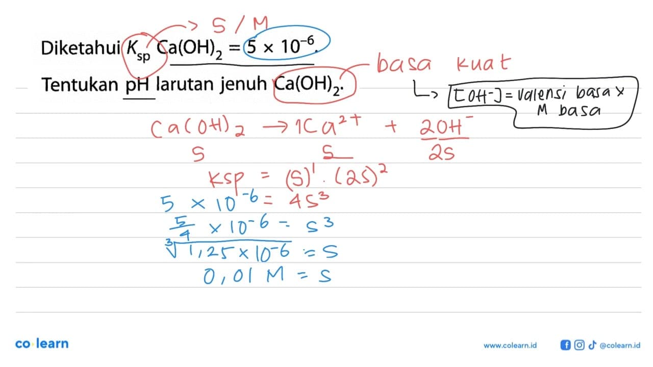 Diketahui Ksp Ca(OH)2=5x10^-6 . Tentukan pH larutan jenuh