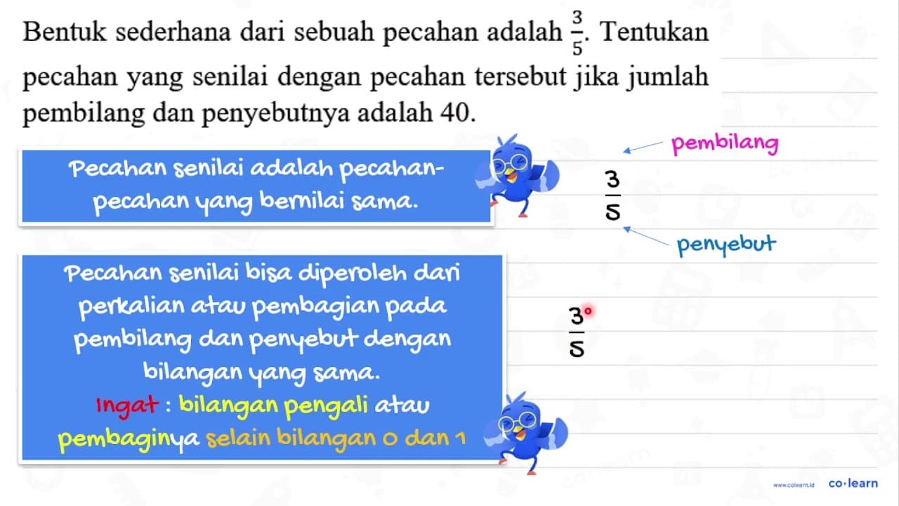 Bentuk sederhana dari sebuah pecahan adalah (3)/(5) .