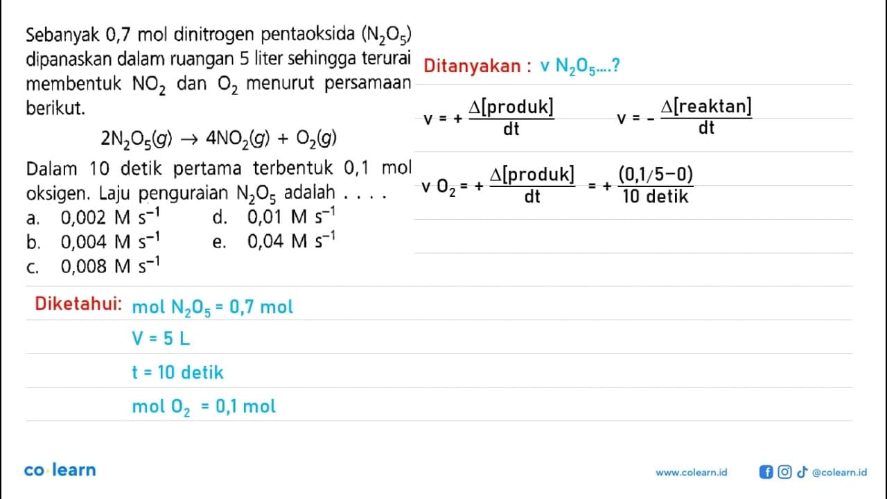 Sebanyak 0,7 mol dinitrogen pentaoksida (N2O5) dipanaskan