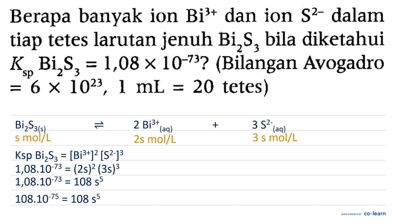 Berapa banyak ion Bi^3+ dan ion S^2- dalam tiap tetes