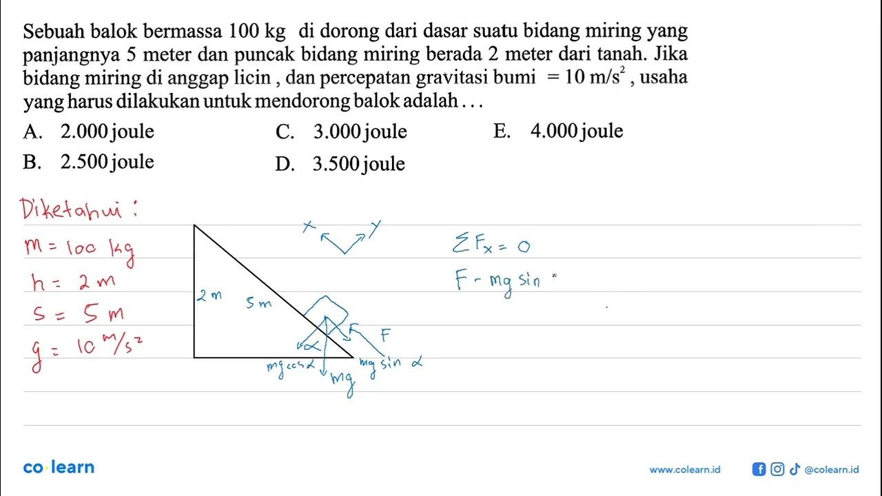 Sebuah balok bermassa 100 kg di dorong dari dasar suatu