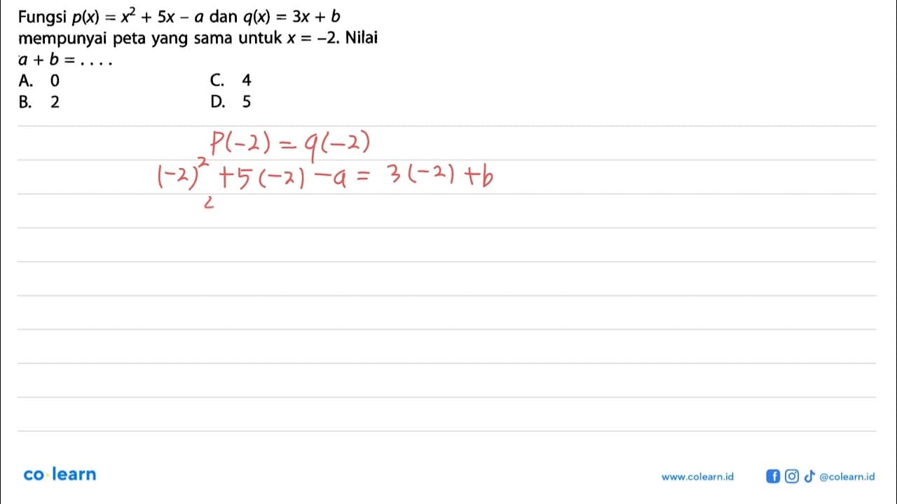 Fungsi p(x)=x^2+5x-a dan q(x)=3x+b mempunyai peta yang sama