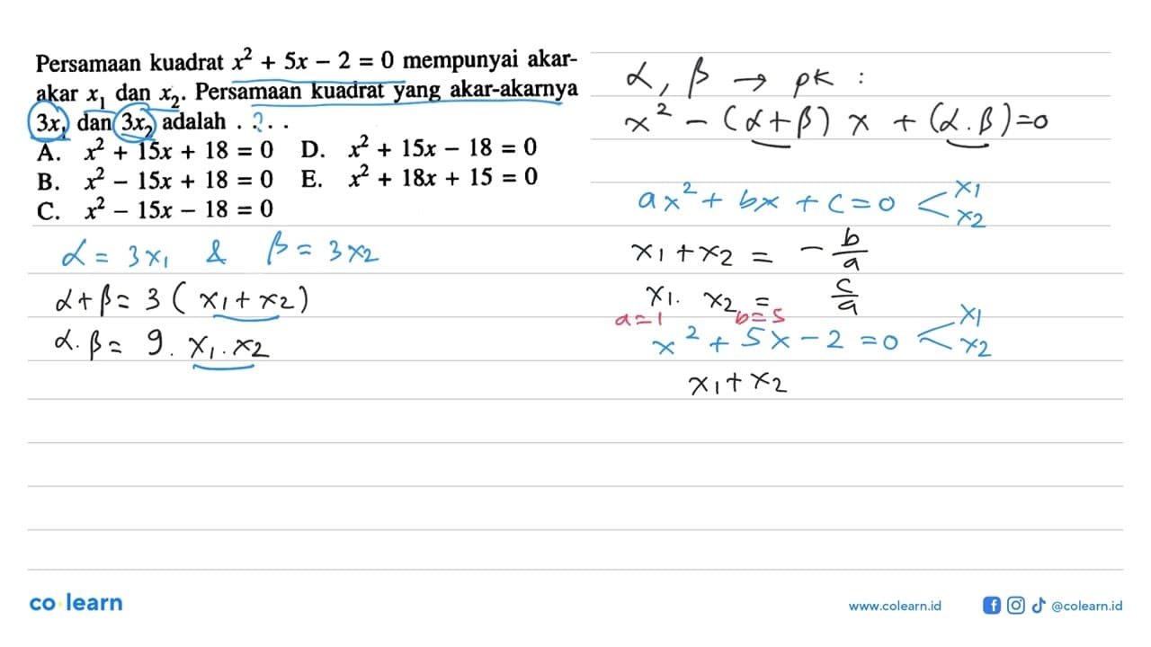 Persamaan kuadrat x^2+5x-2=0 mempunyai akar-akar x1 dan x2.