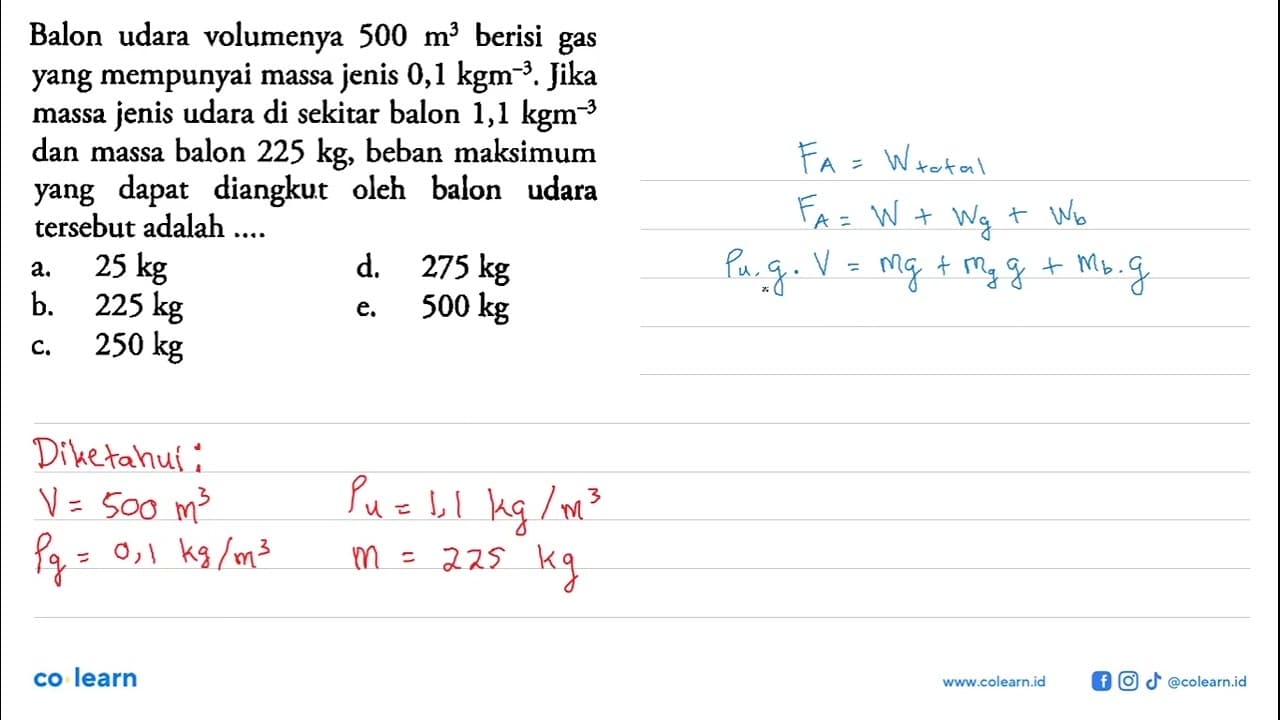 Balon udara volumenya 500 m^3 berisi gas yang mempunyai