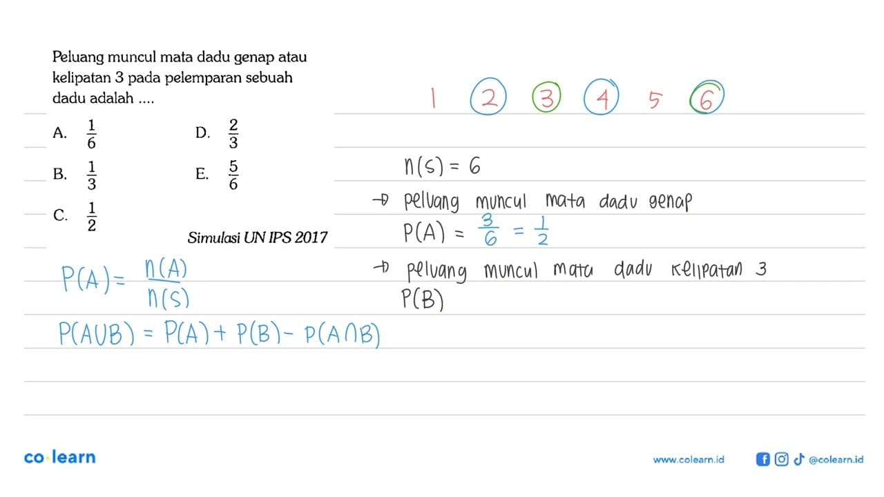 Peluang muncul mata dadu genap atau kelipatan 3 pada