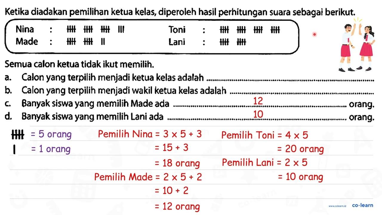 Ketika diadakan pemilihan ketua kelas, diperoleh hasil