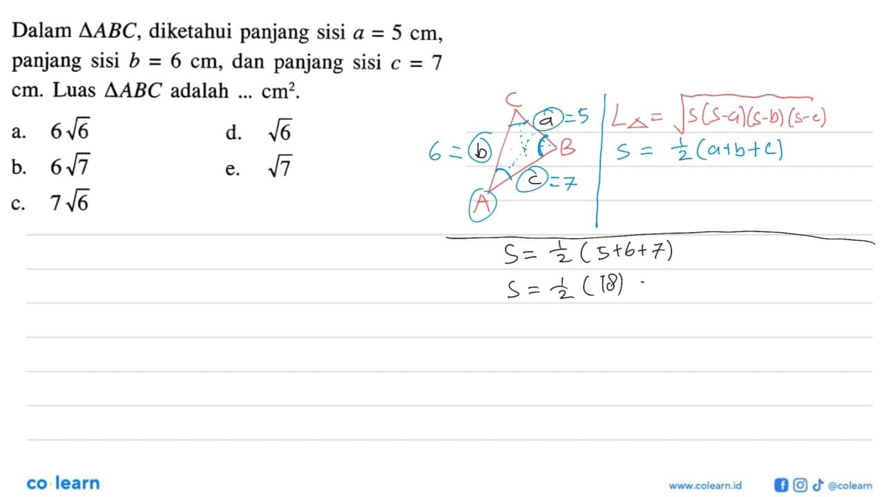 Dalam segitiga ABC, diketahui panjang sisi a=5 cm, panjang