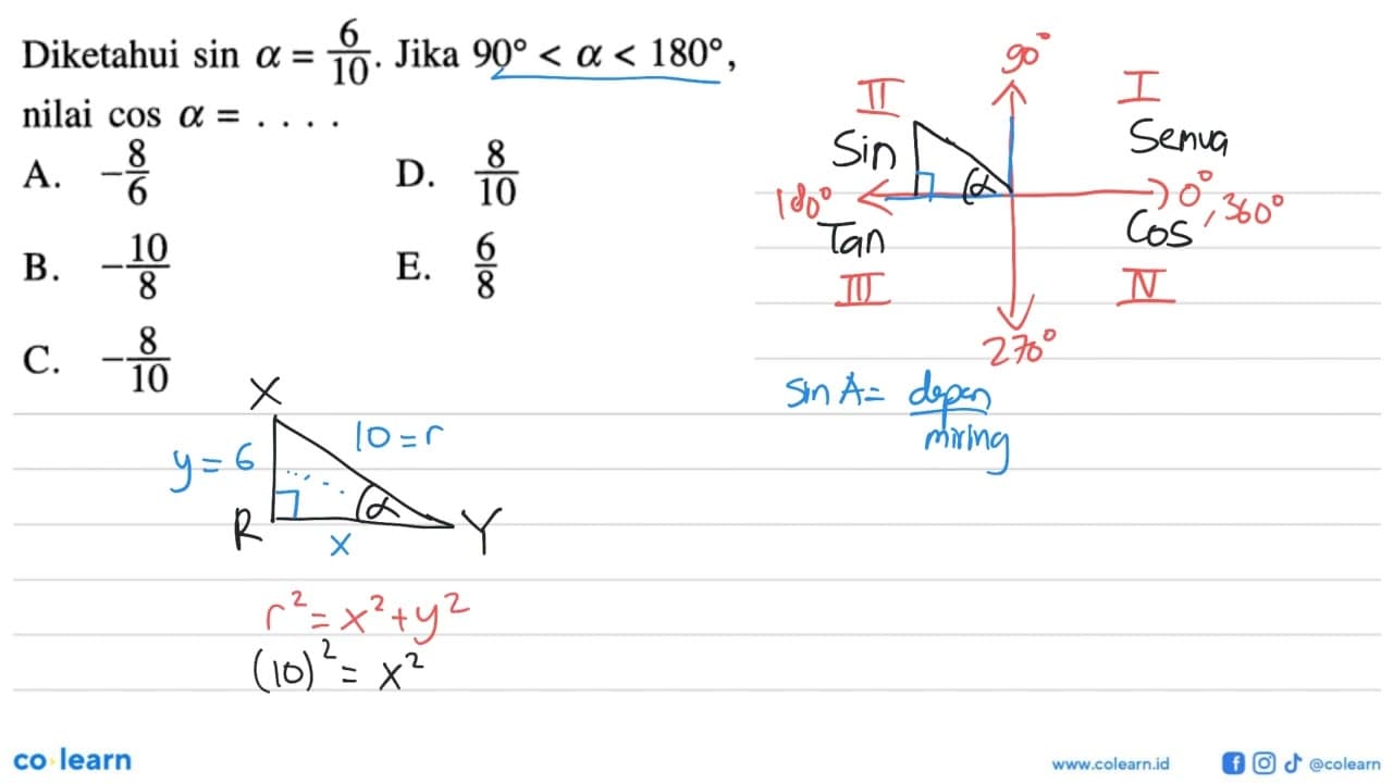 Diketahui sin a=6/10. Jika 90<a<180, nilai cos a= ....