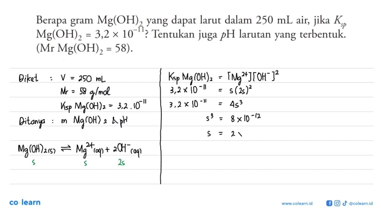 Berapa gram Mg(OH)2 yang dapat larut dalam 250 mL air, jika