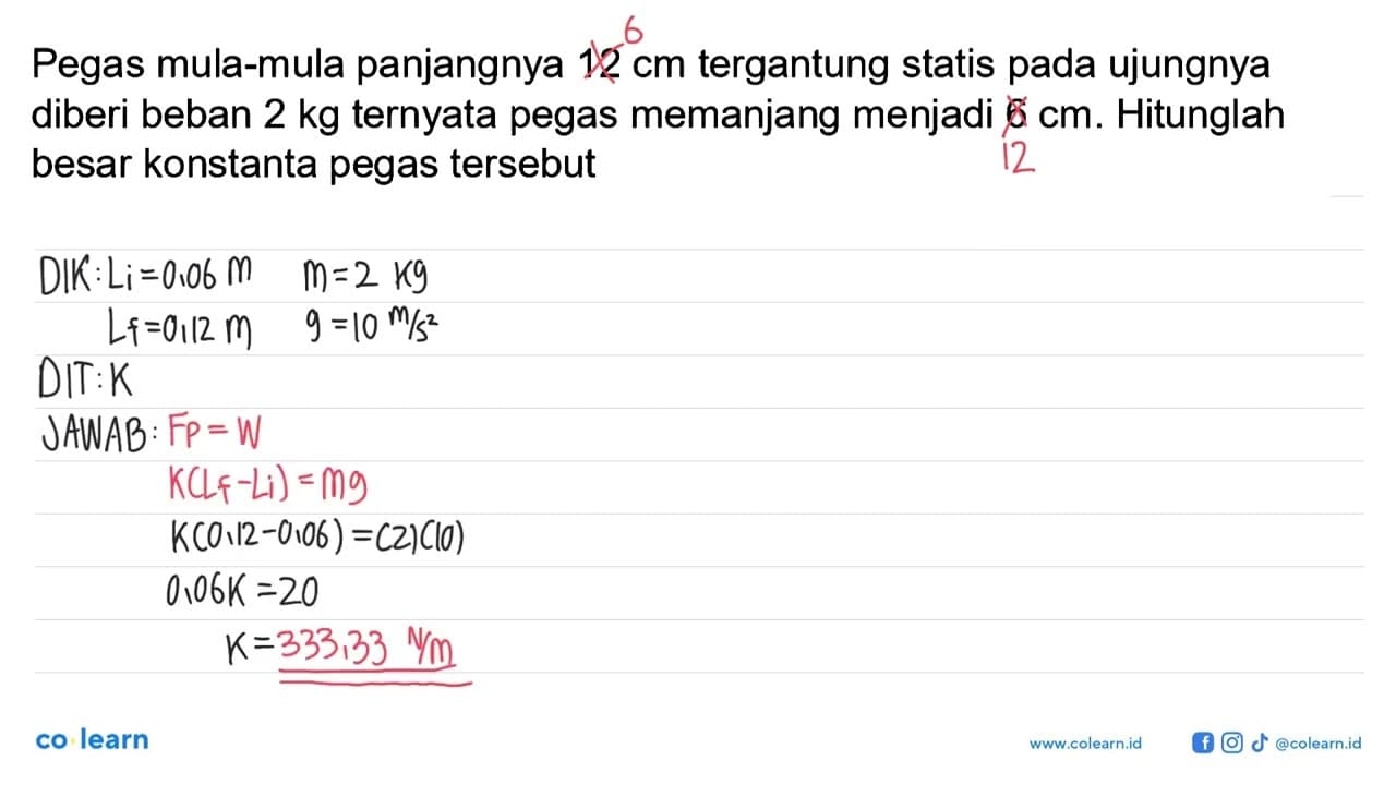 Pegas mula-mula panjangnya 12 cm tergantung statis pada