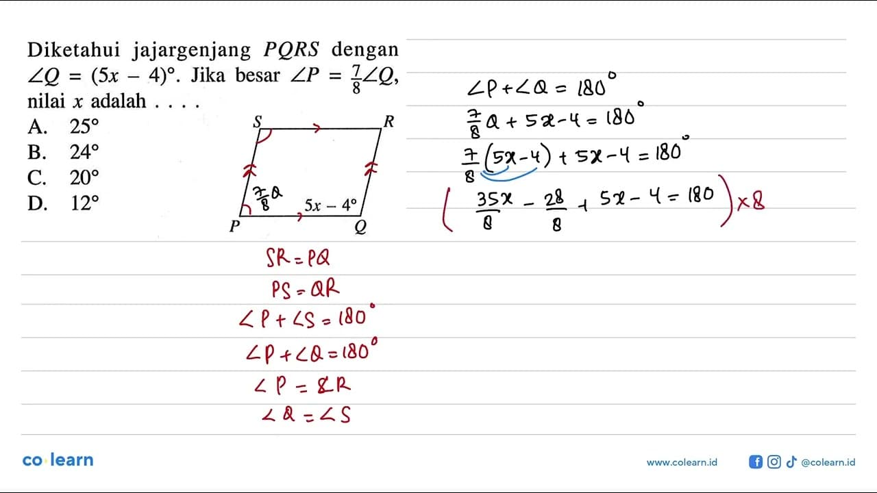 Diketahui jajargenjang PQRS dengan sudut Q=(5x-4). Jika