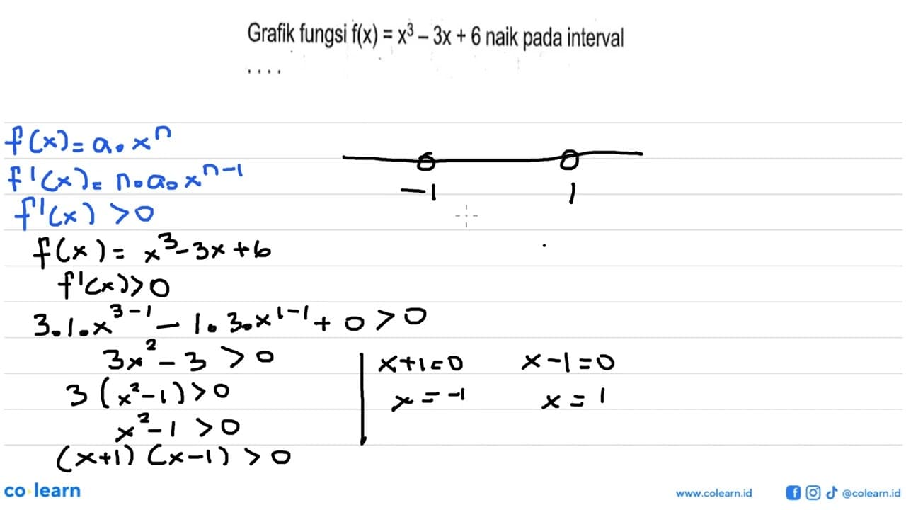 Grafik fungsi f(x)=x^3- 3x+6 naik pada interval ....