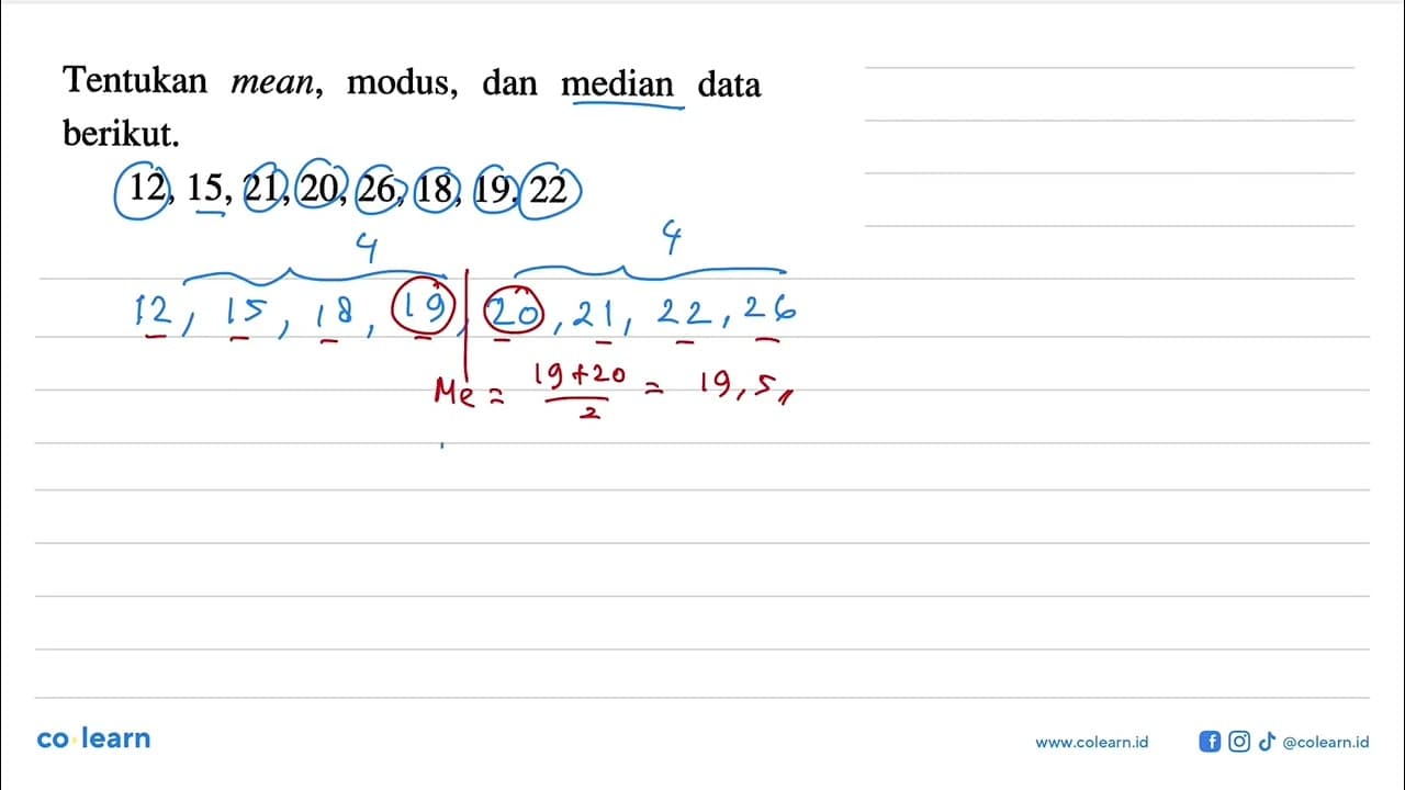 Tentukan mean, modus, dan median data berikut.12, 15, 21,