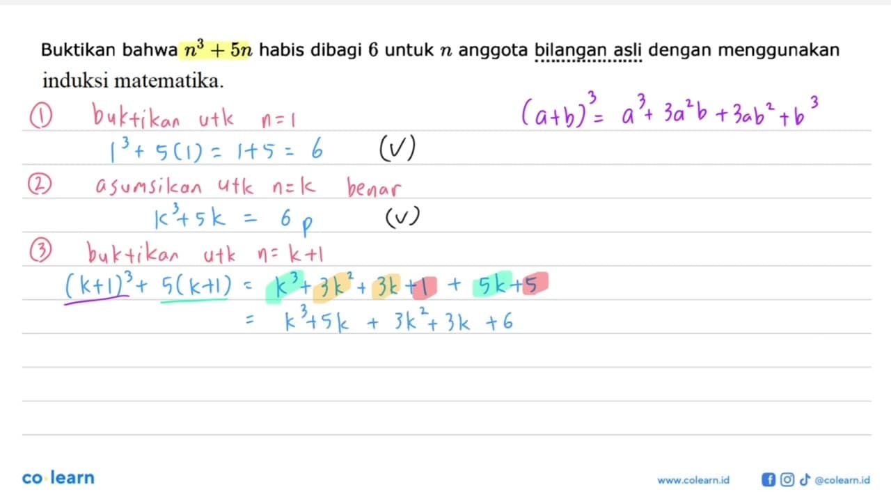 Buktikan bahwa n^3+5n habis dibagi 6 untuk n anggota