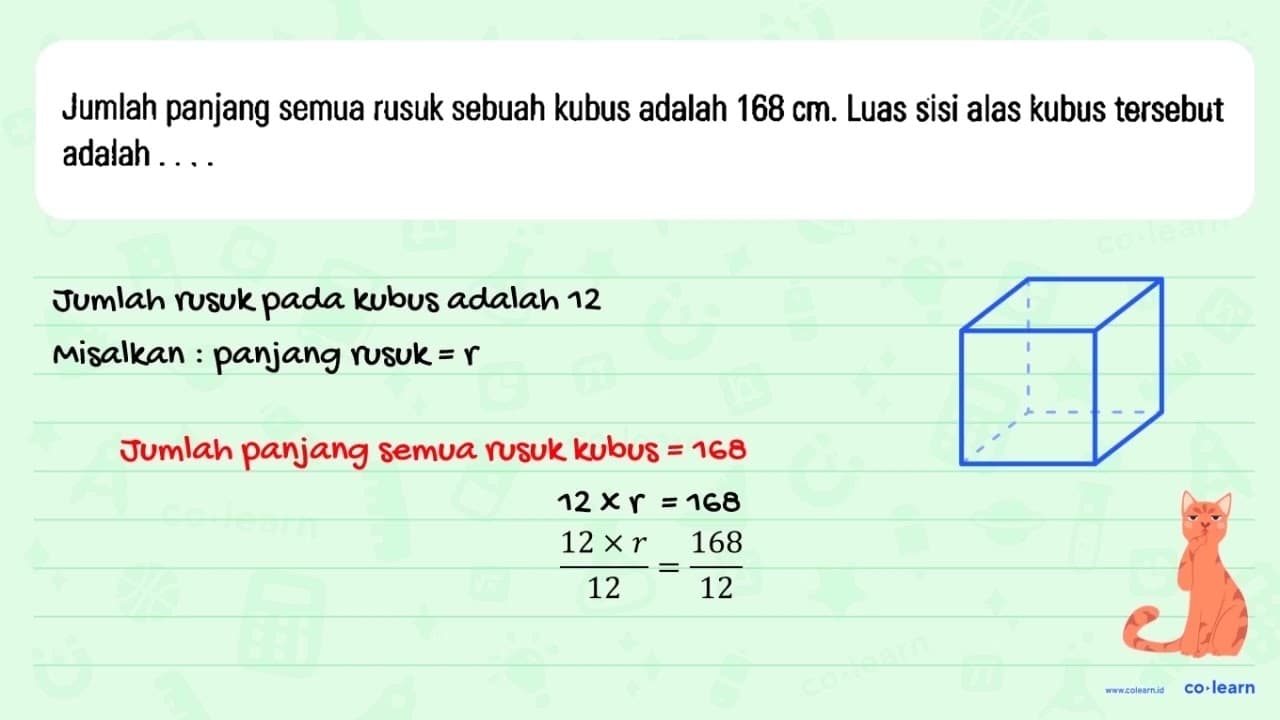 Jumlah panjang semua rusuk sebuah kubus adalah 168 cm. Luas