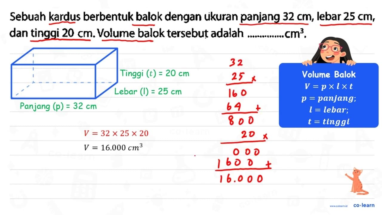 Sebuah kardus berbentuk balok dengan ukuran panjang 32 cm ,