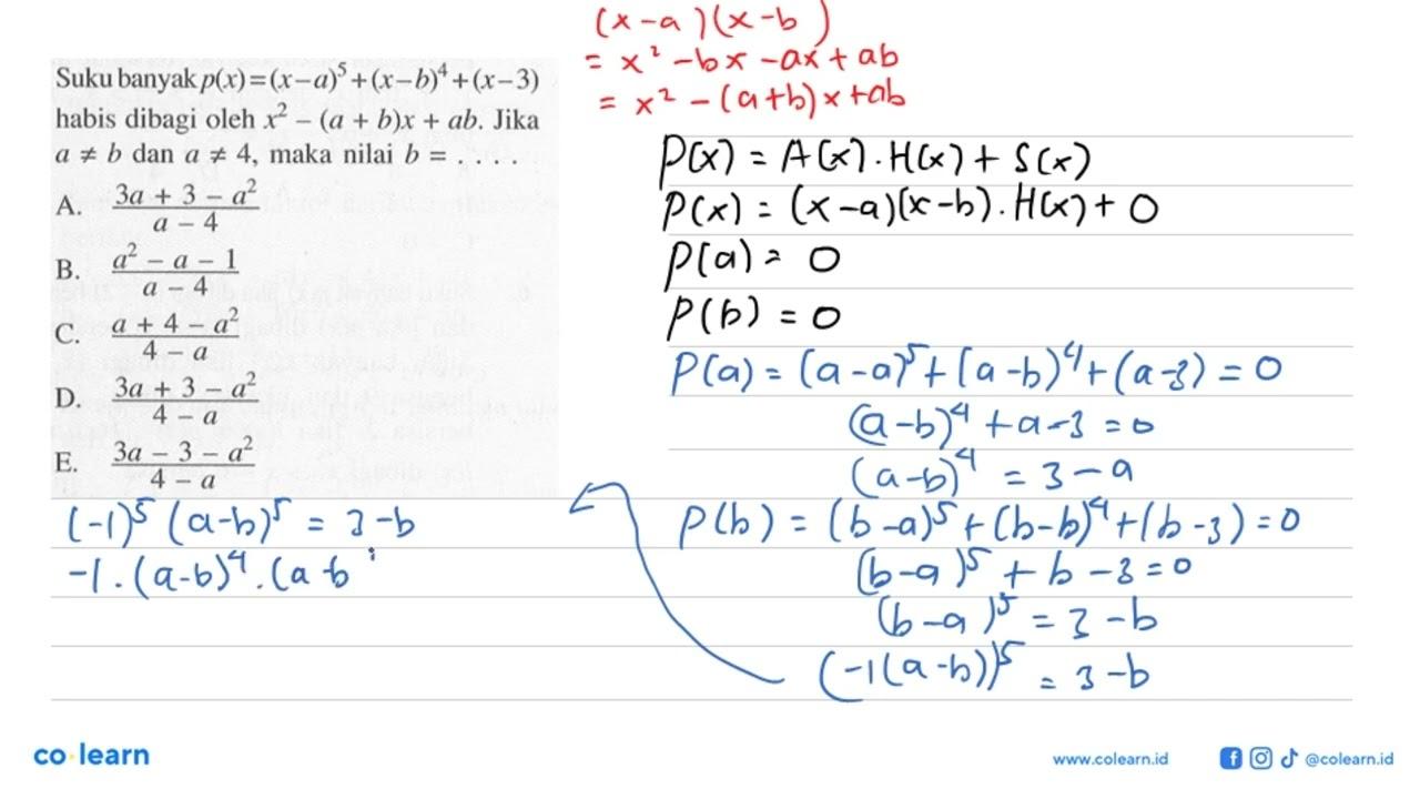 Suku banyak p(x)=(x-a)^5+(x-b)^4+(x-3) habis dibagi oleh