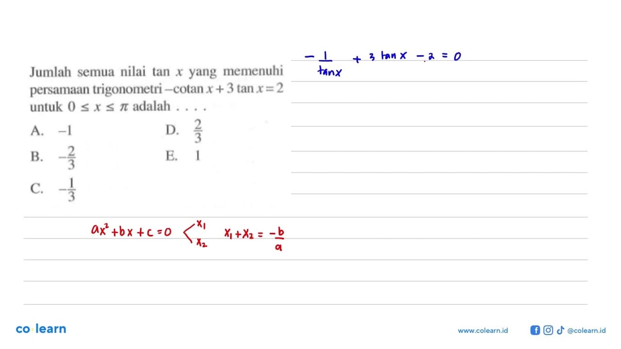 Jumlah semua nilai tan x yang memenuhi persamaan