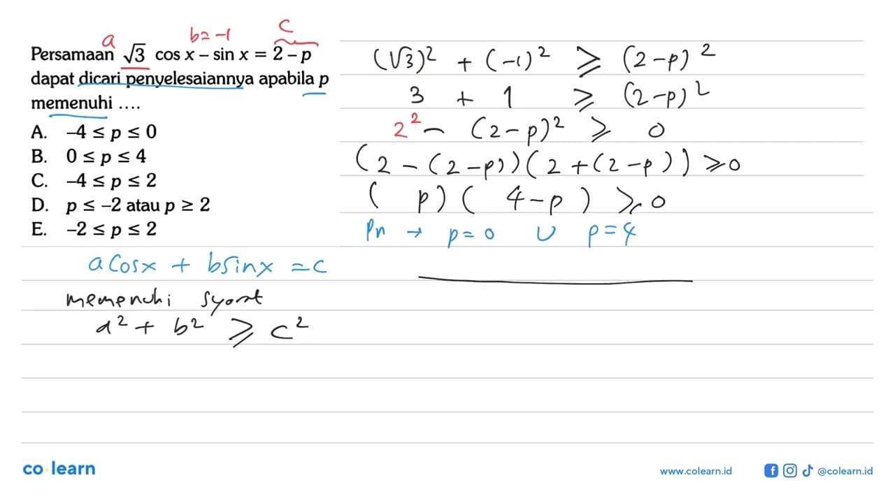 Persamaan akar(3) cos x-sin x=2-p dapat dicari