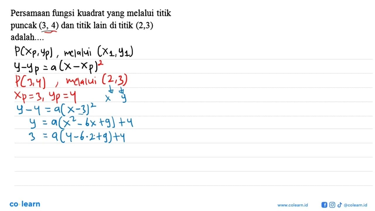 Persamaan fungsi kuadrat yang melalui titik puncak (3,4)