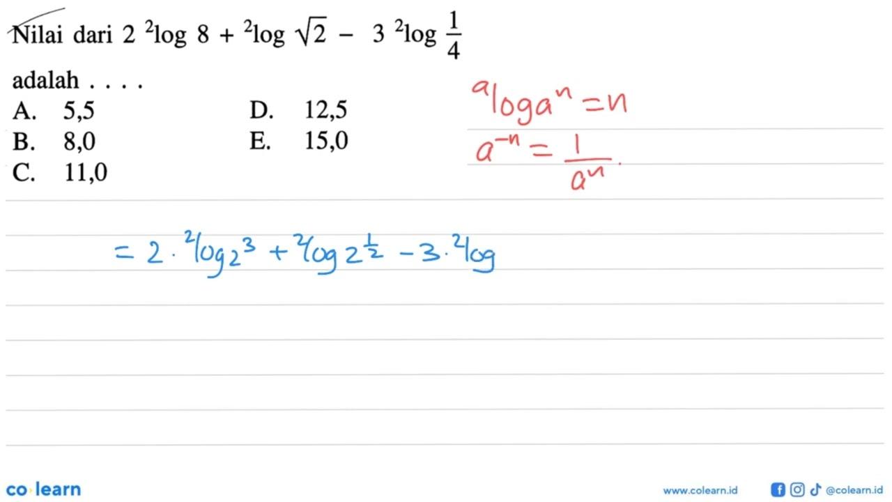 Nilai dari 2 2log8+2log akar(2)-3 2log1/4 adalah ...