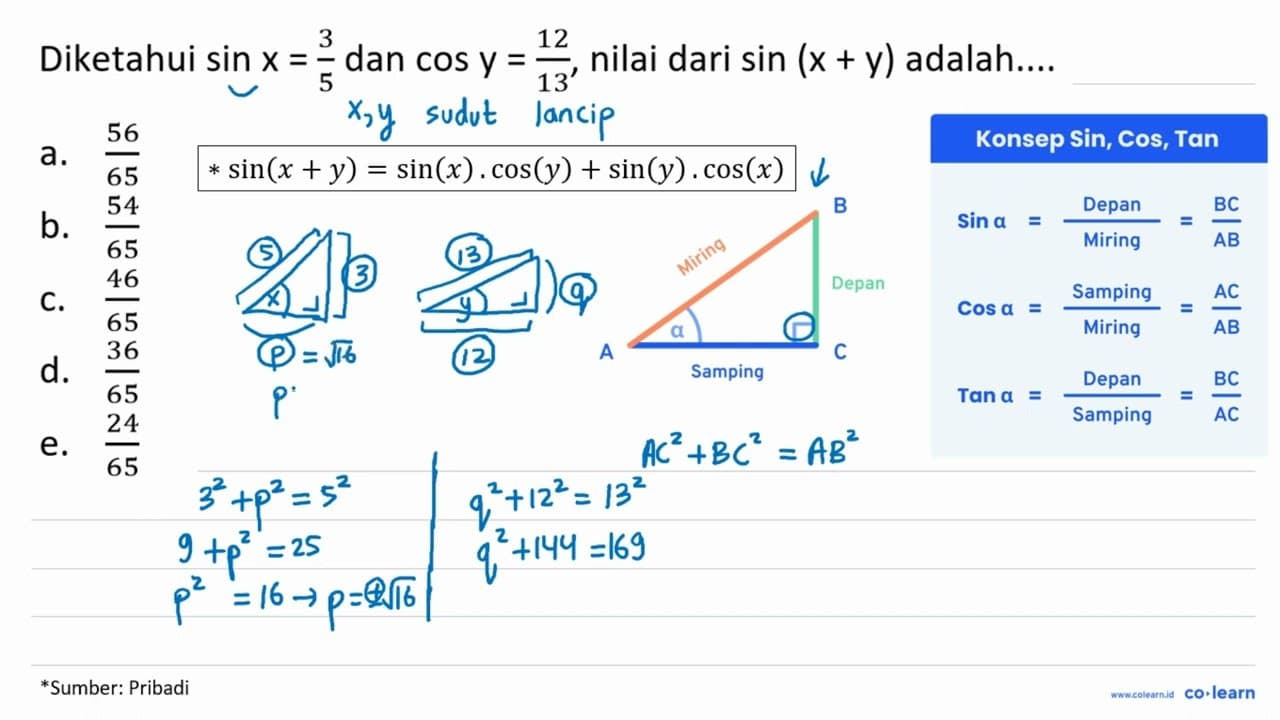 Diketahui sin x = 3/5 dan cos y = 12/13, nilai dari sin