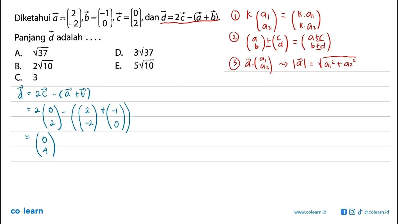 Diketahui a=(2 -2), b=(-1 0), c=(0 2) , dan d=2 c-(a+b) .