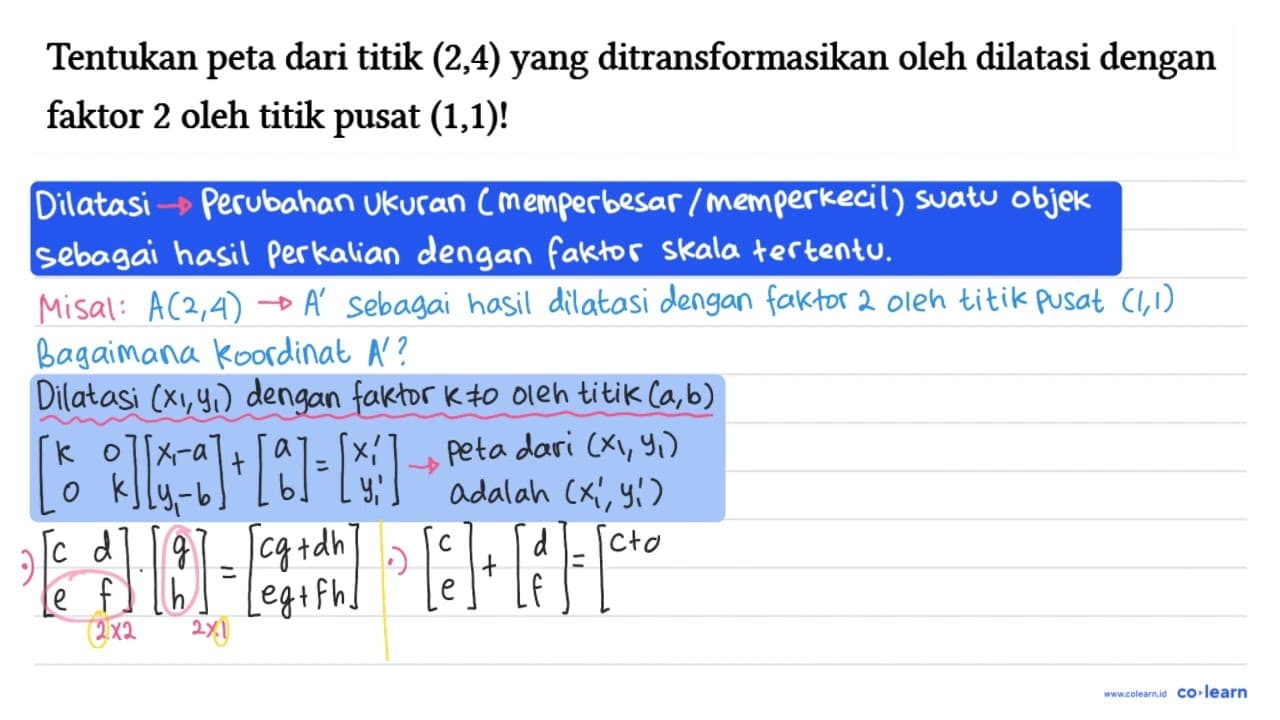 Tentukan peta dari titik (2,4) yang ditransformasikan oleh