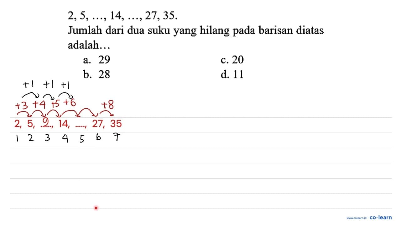 2,5, ..., 14, ..., 27,35 . Jumlah dari dua suku yang hilang