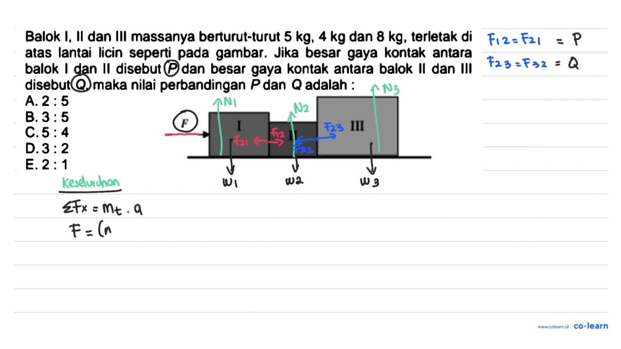 Balok I, II dan III massanya berturut-turut 5 kg, 4 kg dan