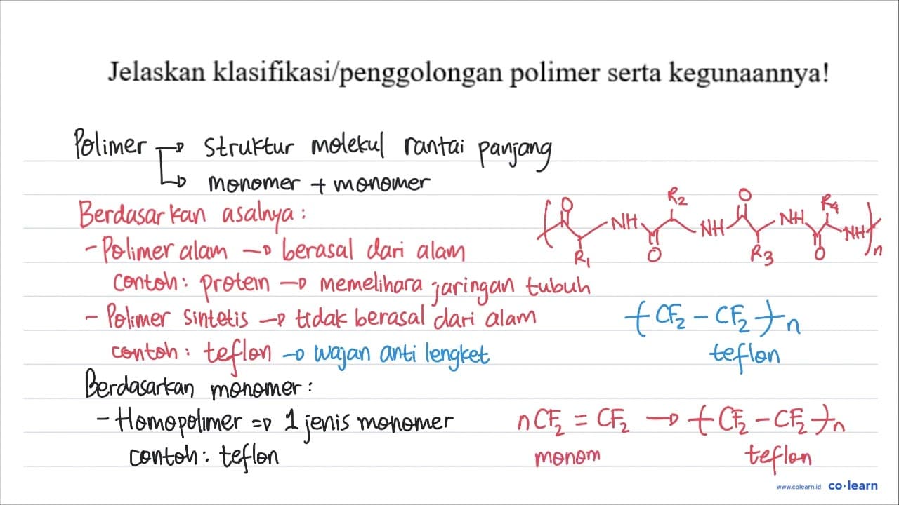 Jelaskan klasifikasi/penggolongan polimer serta