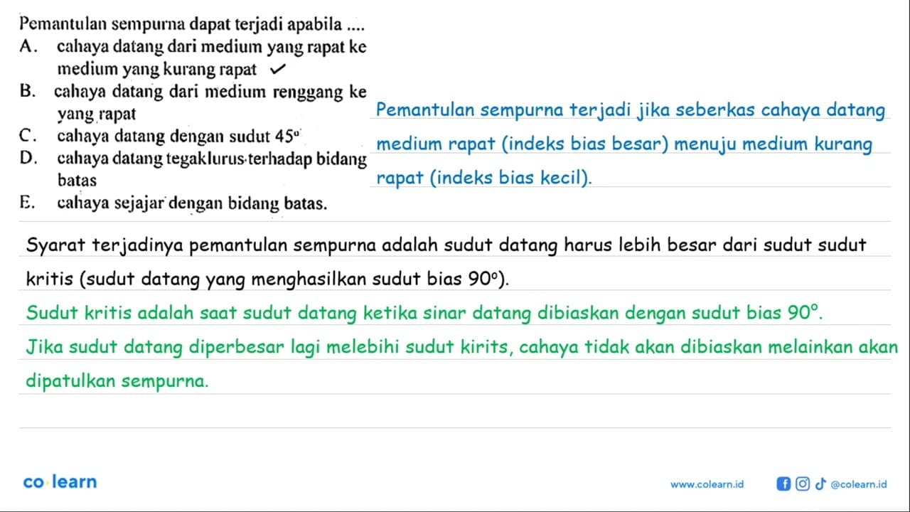 Pemantulan sempurna dapat terjadi apabila ....A. cahaya