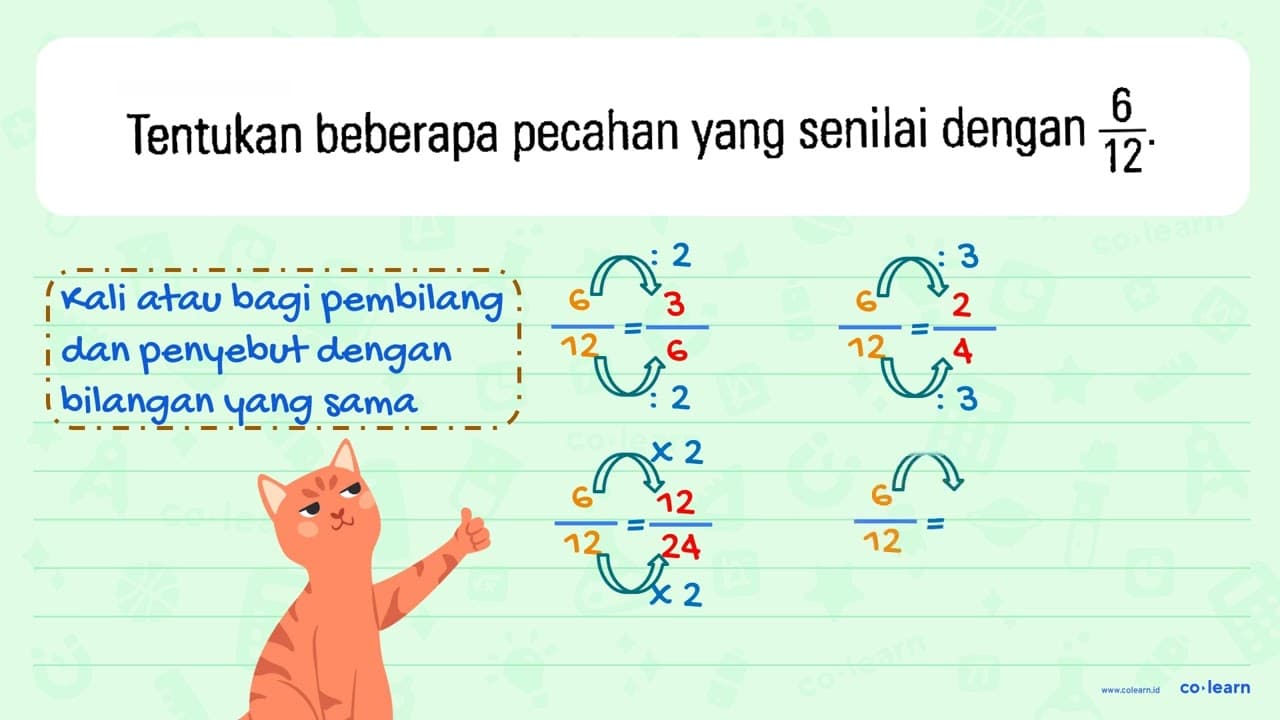 Tentukan beberapa pecahan yang senilai dengan 6/12.