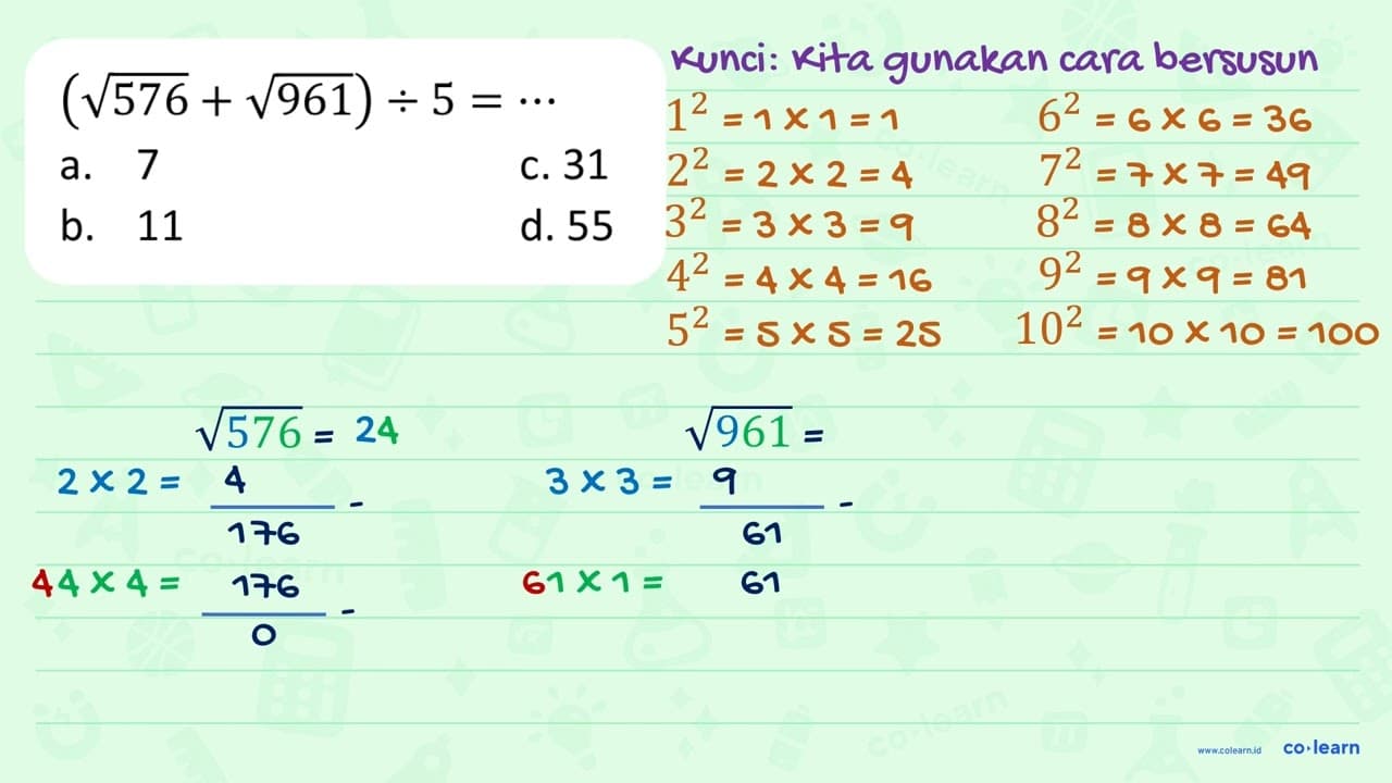 (akar(576)+akar(961))/5=..