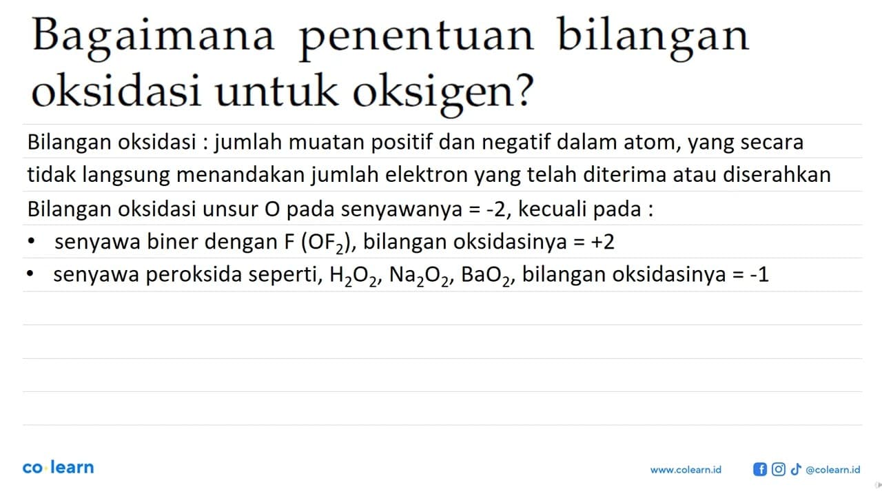 Bagaimana penentuan bilangan oksidasi untuk oksigen?