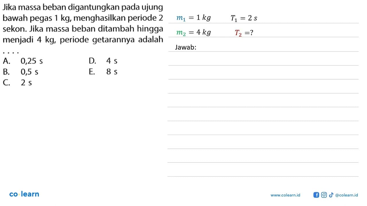 Jika massa beban digantungkan pada ujung bawah pegas 1 kg ,