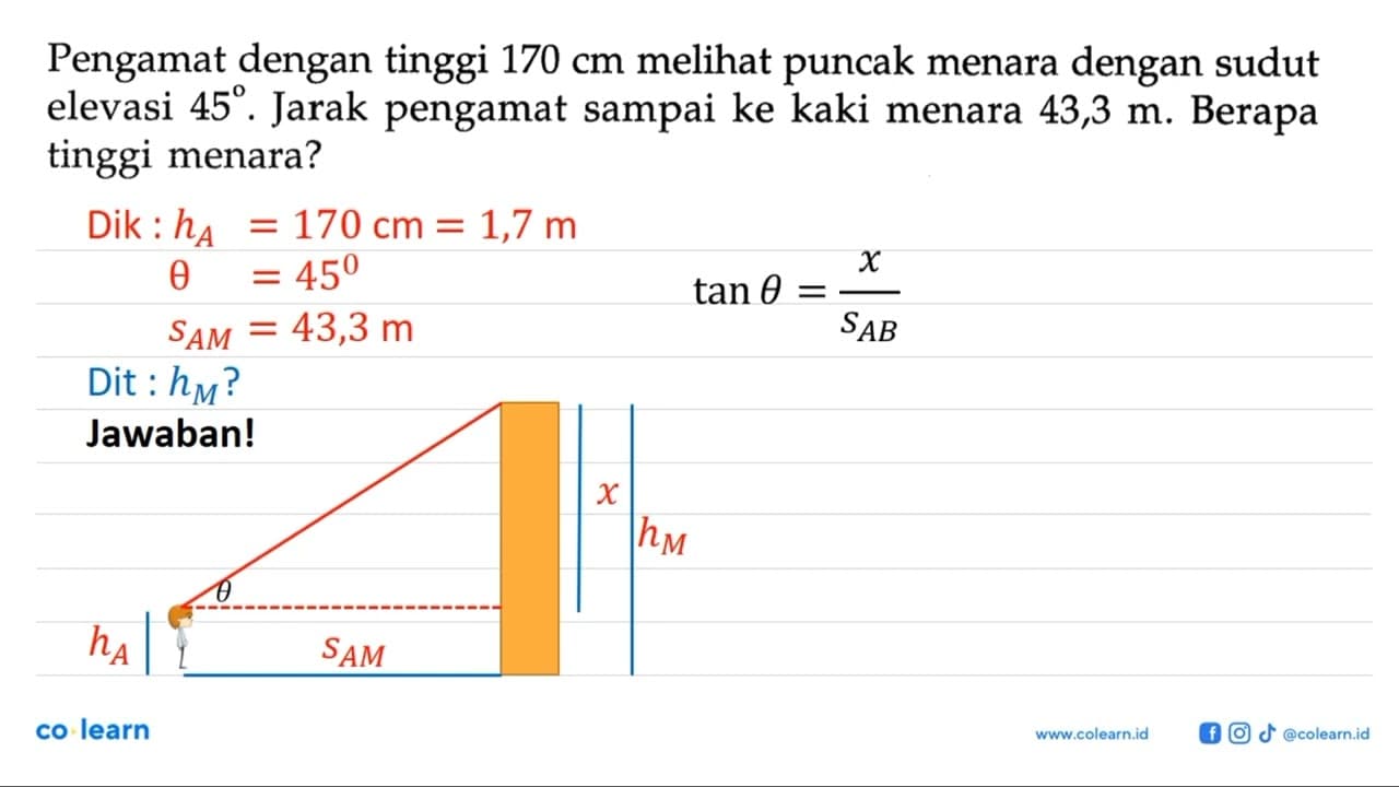 Pengamat dengan tinggi 170 cm melihat puncak menara dengan